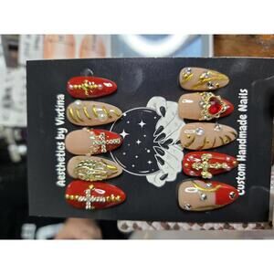 Red and gold renaissance cross nails custom made